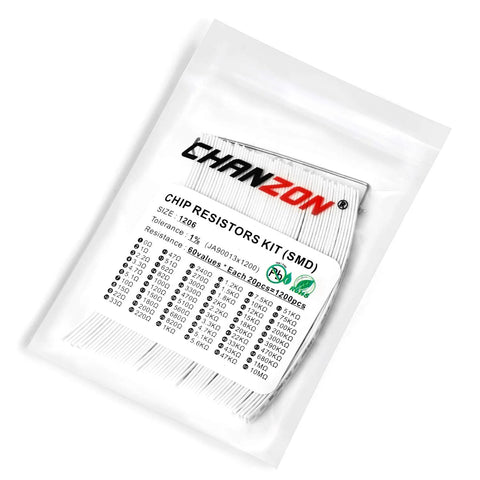 ChanZon SMD chip resistor kit, 1206 size, 1200 pcs, 60 values, 1/4W thick-film resistors