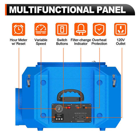 Control panel of Beefed Up Industrial Air Scrubber With 3 Stage Filtration And HEPA Filter 550 CFM Adjustable Airflow 800 Sq Ft Coverage Timer