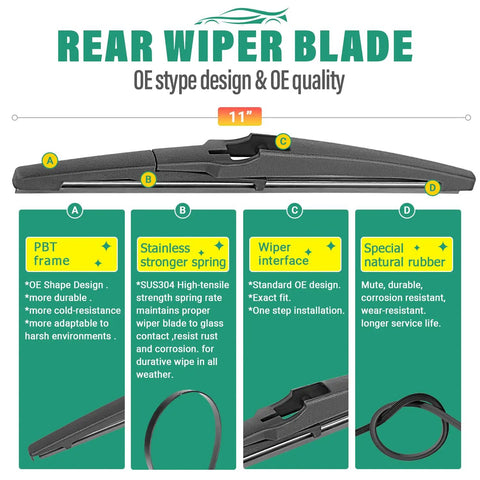 Premium Windshield Wiper Blades For Chevrolet Trax 2024 Through 2026 11 inch natural rubber rear blade with OE design features.