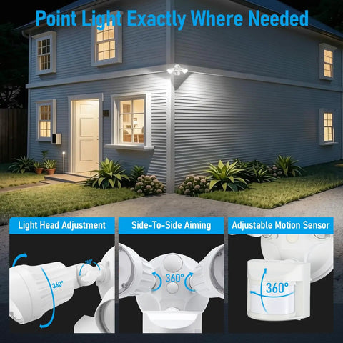 Powerful Outdoor Motion Sensor Flood Light With Adjustable Heads Dusk To Dawn 100 To 277V 5000K Daylight IP65 Aluminum ETL Listed No Nonsense Security Lighting For Homes And Yards illuminating a house exterior.
