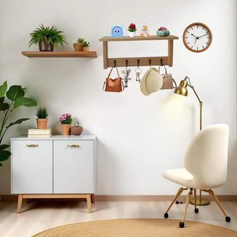 Wall Shelf With Hooks For Entryway And Living Room Must Have Multi Purpose Wooden Shelf With Heavy Duty Metal Hooks Coat Rack Organizer For Hanging Coats Bags Keys Eco Friendly Bamboo And Solid Wood in a home office setup.