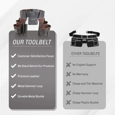 Comparison of Oil Tanned Leather Tool Belt Rig For Carpenters And Handymen With 8 Pockets And 4 Hammer Loops Beefy 100 Percent Leather Heavy Duty
