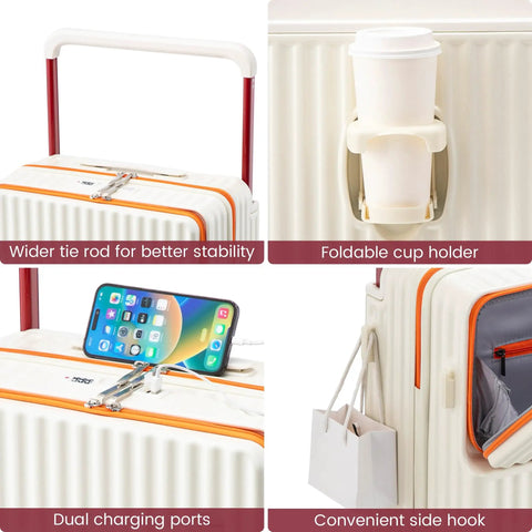 20 Inch Carry On Luggage With Dope Spinner Wheels And USB Port Lightweight PC Hard Shell Suitcase With cup holder, USB ports, and side hook.