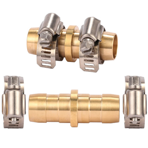 Brass Garden Hose Repair Connector with Clamps Fits Three Fourth Inch or Five Eighth Inch Hoses Durable Stainless Steel Clamps