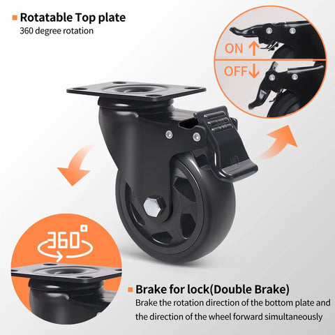 Heavy Duty 3 Inch Caster Wheels Set Of 4 With Swivel Brakes Handles 1100 Pounds close-up of rotating caster with brake features.