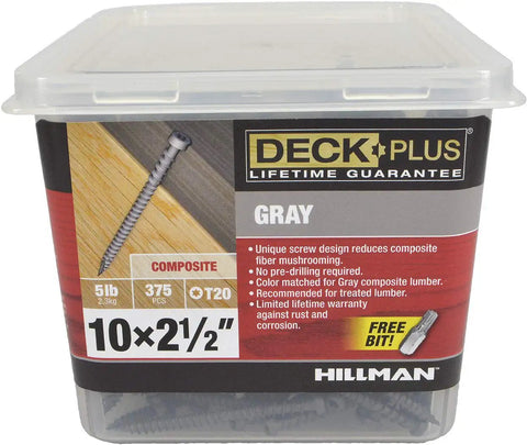 Container of Gray Star-Drive Deck Screws For Outdoor Decking Size Ten By Two And A Half Inch Self-Tapping Tip With Trap Head.