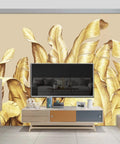 Gold Banana Leaf Botanical 3D Wall Mural for Bedroom and Living Room, fabric, 160x108 inches, behind TV setup, tropical decor vibe.