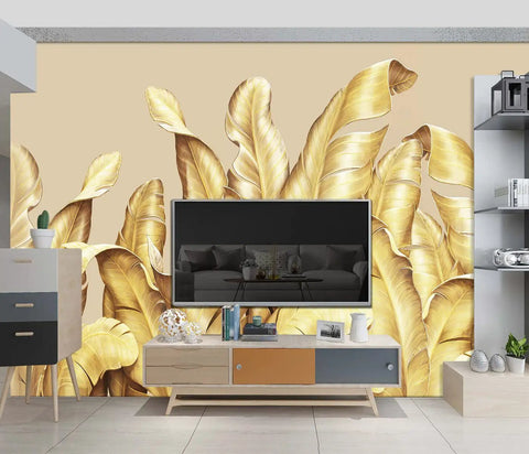 Gold Banana Leaf Botanical 3D Wall Mural for Bedroom and Living Room, fabric, 160x108 inches, behind TV setup, tropical decor vibe.
