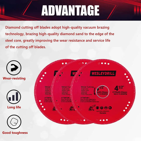 3 Pack 4.5 Inch Diamond Cutting Off Wheels Set For Seven Eighths Inch Arbor, Heavy Duty Multi Purpose Metal Cutter Discs