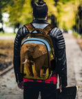 Person wearing Savanna Tusked Elephant Printed Unisex Backpack Large Capacity Dope Durable Polyester With Breathable Fabric