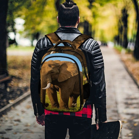 Person wearing Savanna Tusked Elephant Printed Unisex Backpack Large Capacity Dope Durable Polyester With Breathable Fabric