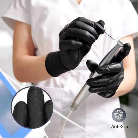 Person wearing Disposable Nitrile Gloves Black Latex Free Powder Free Non Sterile 100 Count Box Medium for precision work