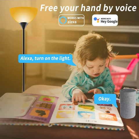 Smart RGB Floor Lamp with WiFi and App Control next to child reading, showcasing voice control with Alexa and Google Assistant.