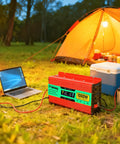 1000 Watt Power Inverter 12V Dc To 120V Ac Converter For Cars Trucks Rvs Camper Vans featuring dual AC sockets and connected laptop.