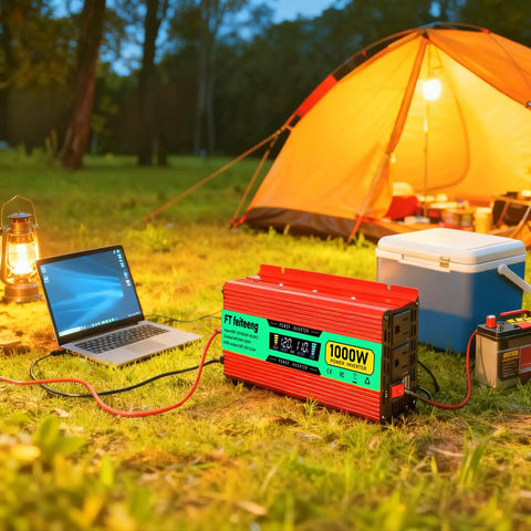 1000 Watt Power Inverter 12V Dc To 120V Ac Converter For Cars Trucks Rvs Camper Vans featuring dual AC sockets and connected laptop.