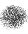 Split lock washers; pile of small silver stainless steel washers, top view