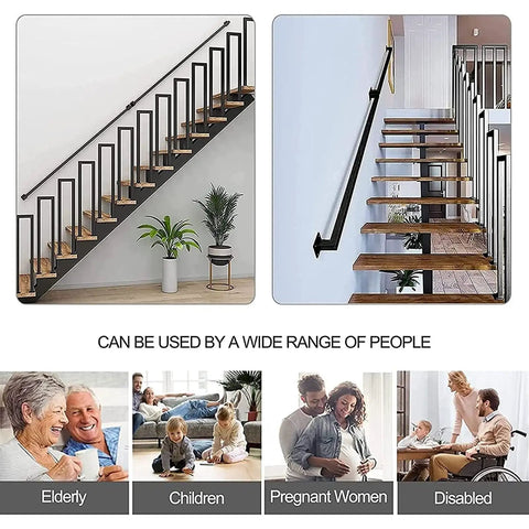 Matte Black Industrial Pipe Stair Handrail Crafted For Indoor And Outdoor Use Featuring A Super Heavy Duty Galvanized Steel Build, shown on staircases.