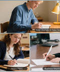 People using Gel Pens Set Six Pack 0.5mm Quick Dry Ballpoint Pens With Smooth Writing And Soft Grip For Journaling Doodles Office Desk Accessories Gifts For Him Or Her Black Gray White Ink for journaling and business notes in different settings.