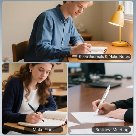 People using Gel Pens Set Six Pack 0.5mm Quick Dry Ballpoint Pens With Smooth Writing And Soft Grip For Journaling Doodles Office Desk Accessories Gifts For Him Or Her Black Gray White Ink for journaling and business notes in different settings.