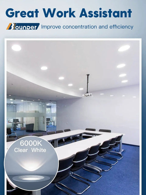 Conference room with installed 12 Pack 4 Inch LED Can Lights Retrofit Recessed Downlights With Baffle Trim Dimmable, showing bright 6000K daylight.