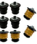Heavy Duty Eight Piece Body Mount Bushing Kit Plug And Play For 2002 To 2005 Ford Explorer And Mercury Mountaineer Suspension Bushes With Hardware, includes black and yellow rubber bushes.