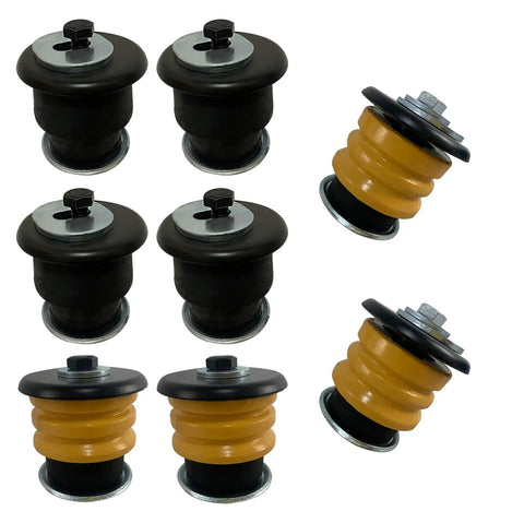 Heavy Duty Eight Piece Body Mount Bushing Kit Plug And Play For 2002 To 2005 Ford Explorer And Mercury Mountaineer Suspension Bushes With Hardware, includes black and yellow rubber bushes.