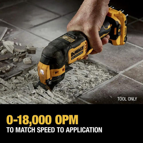 Xtreme 12V Max Brushless Cordless Oscillating Tool cutting tiles with quick change blades, showcased in action, tool only