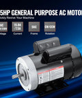 Industrial Grade 1.5HP Electric Motor 1725 RPM Dual Voltage 115V 230V 56C Frame Air Compressor Motor Single Phase With Five Eighths Inch Keyed Shaft And CW CCW Rotation For Agricultural Machinery And General Equipment, shown at angle with specific features highlighted.