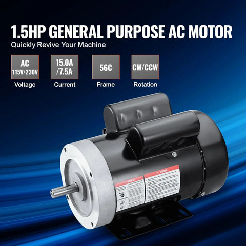 Industrial Grade 1.5HP Electric Motor 1725 RPM Dual Voltage 115V 230V 56C Frame Air Compressor Motor Single Phase With Five Eighths Inch Keyed Shaft And CW CCW Rotation For Agricultural Machinery And General Equipment, shown at angle with specific features highlighted.