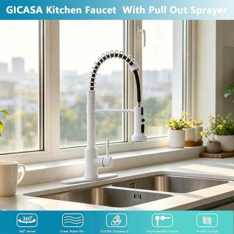 GICASA Kitchen Faucet - Pull Down Sprayer, High arc Commercial Stainless Steel Kitchen Sink Faucet White beside window.