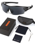 Polarized Sports Sunglasses For Men Women And Youth With TAC Lenses And TR90 Frame Built To Last Scratch Resistant Unbreakable UV Protection 99 Point 9 Ride Ready For Cycling Running Driving Fishing Golf Motorcycling And Outdoor Adventures with accessories including case, pouch, cloth, and screwdriver.