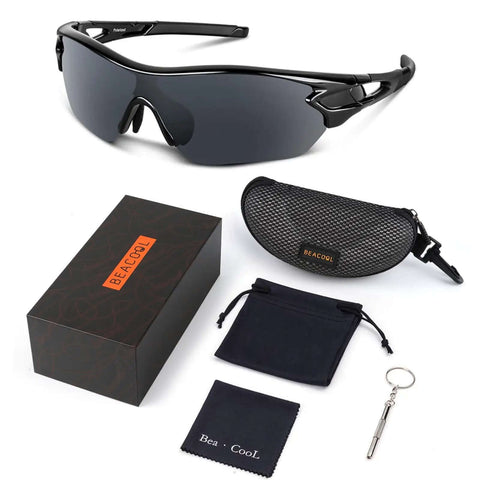 Polarized Sports Sunglasses For Men Women And Youth With TAC Lenses And TR90 Frame Built To Last Scratch Resistant Unbreakable UV Protection 99 Point 9 Ride Ready For Cycling Running Driving Fishing Golf Motorcycling And Outdoor Adventures with accessories including case, pouch, cloth, and screwdriver.