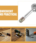 Top Tier Forty Piece Furniture Cam Lock Connector Kit With Pre Loaded Alloy Iron Screws And Nuts displayed with tools and screws.
