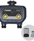 Smart Bluetooth Hose Timer 2 Zone Programmable Watering System With Quick Connect Bundle showing dual outlets and connectors