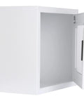 AED cabinet, white metal, wall-mounted with door open, interior visible.