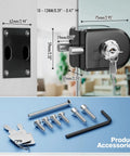 Frameless Glass Door Lock With Grip Tight Clamp Design, Zero Drill Install Required, 304 Stainless Steel, Brushed Black Finish, Heavy Duty Build, Rock Solid Security, Fits Quarter To Half Inch Glass, Easy Peasy Setup For Modern Homes with installation measurements and accessories.