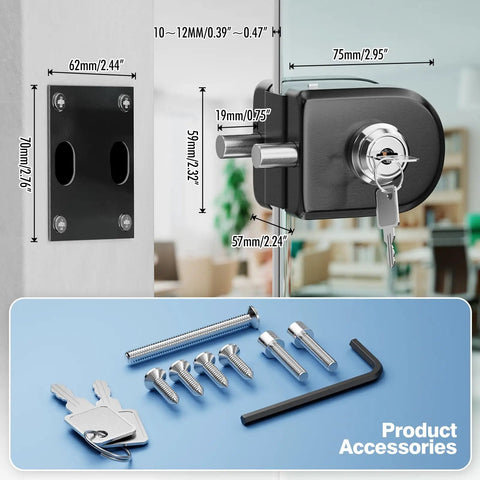 Frameless Glass Door Lock With Grip Tight Clamp Design, Zero Drill Install Required, 304 Stainless Steel, Brushed Black Finish, Heavy Duty Build, Rock Solid Security, Fits Quarter To Half Inch Glass, Easy Peasy Setup For Modern Homes with installation measurements and accessories.