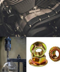 M8 1.25mm Anti Loosening Serrated Hex Flange Lock Nuts Yellow Zinc Plated shown with engine and drill press