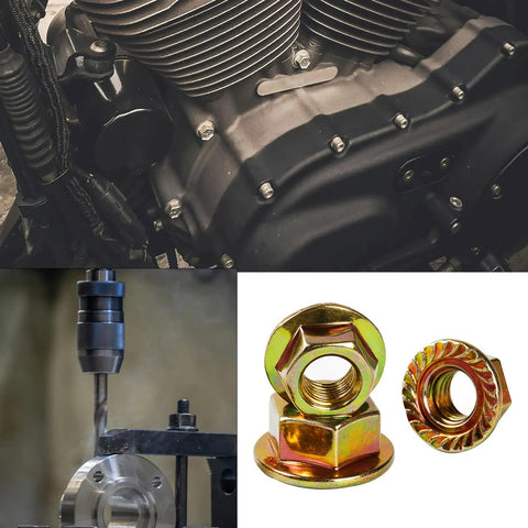 M8 1.25mm Anti Loosening Serrated Hex Flange Lock Nuts Yellow Zinc Plated shown with engine and drill press
