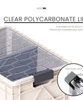 Holy Grail Stackable Storage Bins With Lids And Dividers For Closet And Garage Organization Heavy Duty Plastic Crates clear polycarbonate lid and slide lock detail.