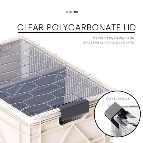 Holy Grail Stackable Storage Bins With Lids And Dividers For Closet And Garage Organization Heavy Duty Plastic Crates clear polycarbonate lid and slide lock detail.