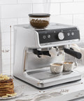 Heavy Hitter Espresso Machine With Built In Burr Grinder And Swift Milk Frother, 95 Oz Big Tank, 3 In 1 No Fuss Coffee Maker For Cappuccino Latte Top Shelf Silver on kitchen counter.