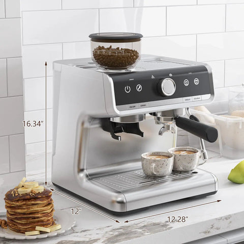 Heavy Hitter Espresso Machine With Built In Burr Grinder And Swift Milk Frother, 95 Oz Big Tank, 3 In 1 No Fuss Coffee Maker For Cappuccino Latte Top Shelf Silver on kitchen counter.