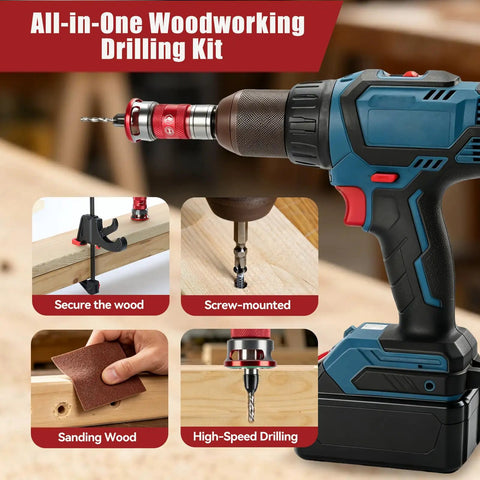 14 Piece Countersink Drill Bit Set With Self Locking Quick Adjust Depth Tct Steel Hss Bits Heavy Duty Design shown with drill and attachments.