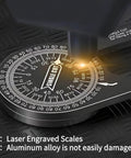 Professional Grade Aluminum Miter Saw Protractor With Dead On Laser Etched Markings For Crown Molding Trim Work Precision Carpenter Layout Gauge and Angle Finder Tool, laser engraved scales close-up.