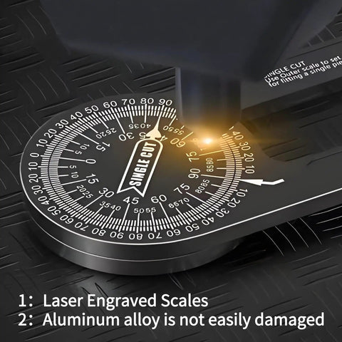 Professional Grade Aluminum Miter Saw Protractor With Dead On Laser Etched Markings For Crown Molding Trim Work Precision Carpenter Layout Gauge and Angle Finder Tool, laser engraved scales close-up.