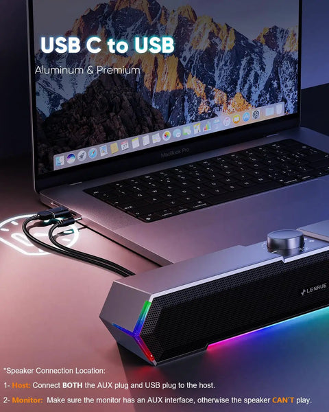 G11 Desktop Computer Speakers With Touch Lights, Immersive Surge Stereo Sound, USB C and USB powered next to a laptop