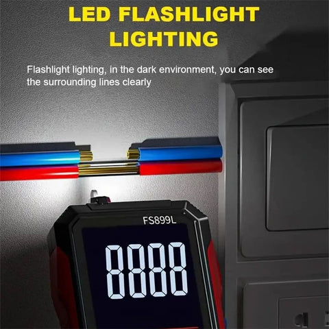 USB Rechargeable Digital Multimeter With Auto Display showing LED flashlight lighting surrounding cables, CAT III 1000V and CAT IV 600V