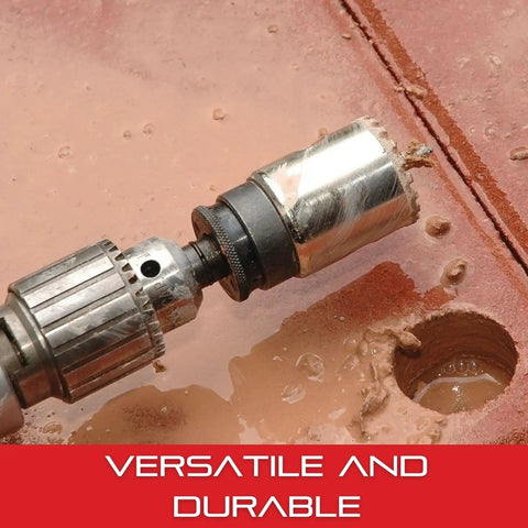 Diamond Grit Hole Saw For Small Holes, 2 1/8 Inch Diameter, cutting through tile, showing versatility and durability