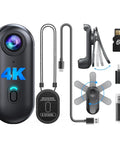 4K camera set with accessories including a cable, clip, and 64GB memory card on a white background.